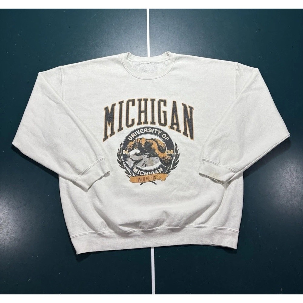 Michigan Wolverines Crewneck Sweatshirt Men's XL White‎ Retro Style Pullover